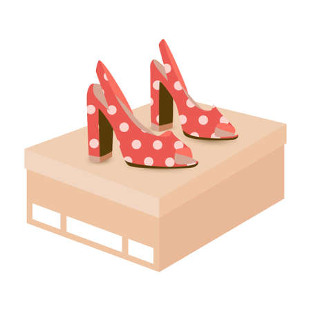 Polka dot shoes on box. Stylish female footwear on high heels. Vector illustration isolated on white background.のイラスト素材