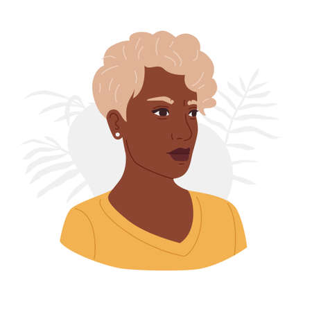 Dark skin woman fictional portrait. Modern flat and line vector illustration isolated over white background. Feminine beauty and haircut concept.のイラスト素材