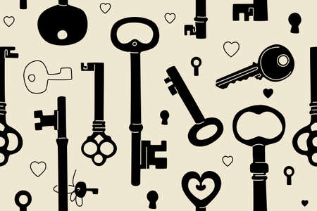 Keys endless pattern. Old styled keys silhouettes composed in seamless design. Vector textile template.のイラスト素材