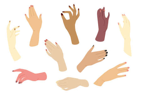 Different color female hands. Modern flat vector design of women's hands in various gestures isolated on white background.のイラスト素材