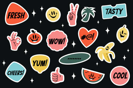 Yummy sticker set with comic characters such as banana, lemon, watermelon, tomato, smiling face. Vector colorful sticker templates isolated on black background.のイラスト素材