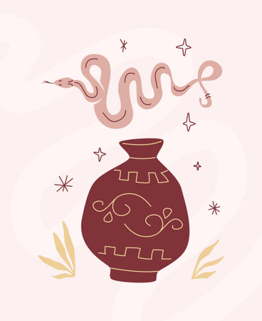 Greek vase with snake. Modern antique vector design in pastel colors. Trendy flat and outline style.のイラスト素材