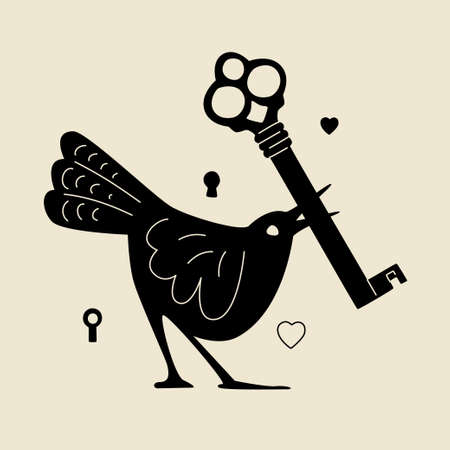 Black bird with the key in a beak. Vector silhouettes isolated on gray background. New home concept.のイラスト素材
