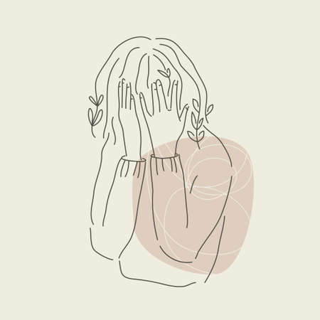 Sad girl hiding face in hands. Modern line art. Mental wealth month concept. Anxiety and stress in isolation. Vector graphic.のイラスト素材