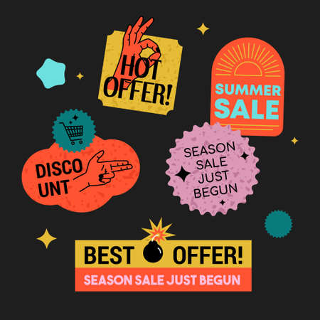 Sale stickers retro set with hands energetic gestures, shopping cart icon, and blowing bomb icon. Vector nostalgic templates for season sale, shop discount, product promo.のイラスト素材