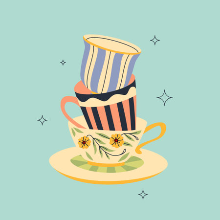 Pile of teacups modern vintage design. Porcelain mugs stuck one in another. Flat and line vector design.のイラスト素材