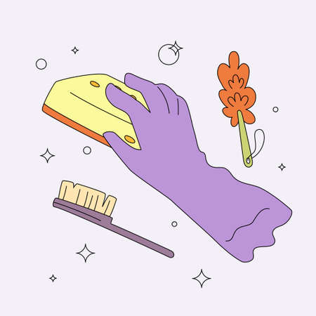 Hand in glove with cleaning sponge modern vector illustration. Flat and line design. Household and house cleaning concept.のイラスト素材