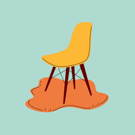 Stool or chair on free-shaped rug trendy vector illustration. Modern vintage flat and line design isolated on green background.のイラスト素材