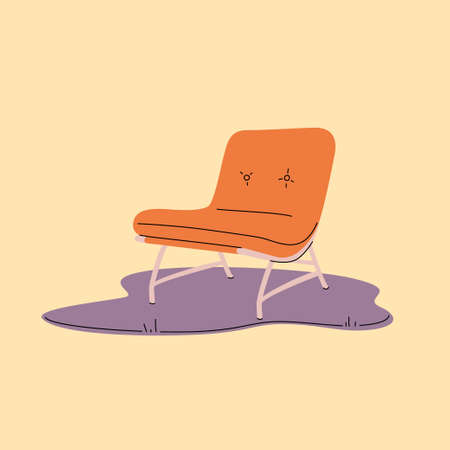 Mid century chair on fancy carpet flat and line vector illustration. Orange chair and violet rug. Stay home and interior concept.のイラスト素材