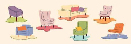 Retro chairs design set isolated on white background. Trendy modern vintage vectors. Flat and line style.のイラスト素材