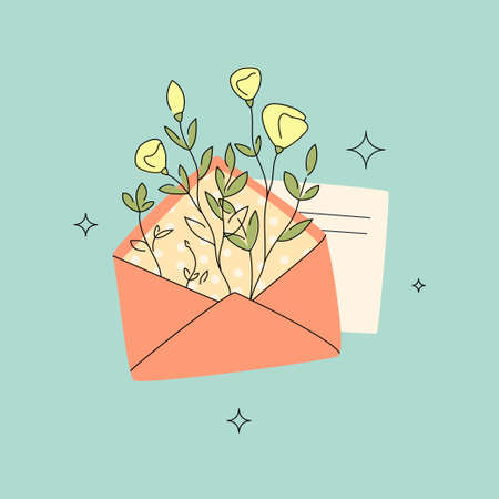 Envelope with flowers vector card. Flat and line contemporary design. Communication concept.のイラスト素材