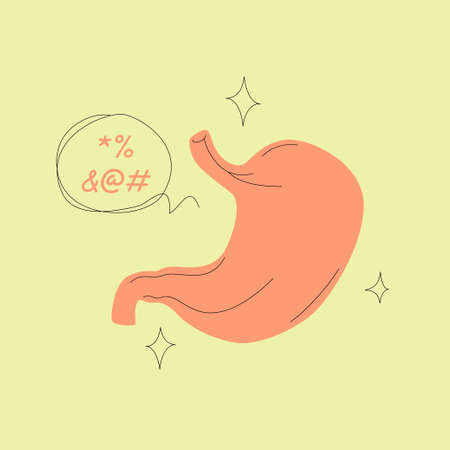 Human stomac vector illustration isolated on green background. Comic style vector design. Minimal anatomic concept.のイラスト素材