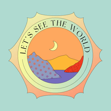 Lets See The World badge design isolated on blue background. Travel, adventure, explore, vacation concept. Modern comic style. Flat with slight gradients and a thin outline design.のイラスト素材