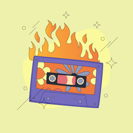 Cassette tape on fire comic style design. Burning mixtape over green background. Flat and line vector illustration. Hot music concept.のイラスト素材