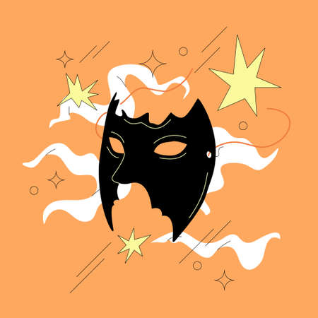 Halloween bat half-mask over an orange background. Modern vintage minimal design. Comic style vector composition.のイラスト素材