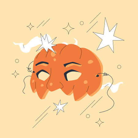 Jack-O-Lantern half-mask over beige background. Modern vintage minimal design. Comic style vector composition.のイラスト素材