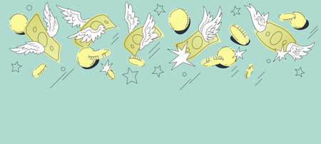 Vector border design with scattering coins and flying paper money. Business and finance background. Neo flat illustration for web and social media.のイラスト素材