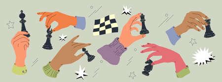 Hands with chess pieces vector set isolated on grey background. Retro-style illustration of...