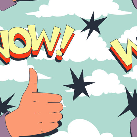 WOW seamless pattern with hand in thumb up gesture. Vector repeatable design. Comic or cartoon style.のイラスト素材