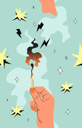 Hand with burning match seamless pattern. Surrealistic design. Vector cartoon style. Bright colorful repeatable illustration.のイラスト素材