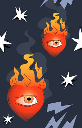 Burning heart with eye seamless pattern. Surrealistic design. Vector cartoon style. Bright colorful repeatable illustration.のイラスト素材