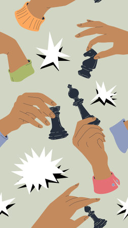 Hands with chess pieces seamless pattern vector illustration. Comic style repeatable design.のイラスト素材