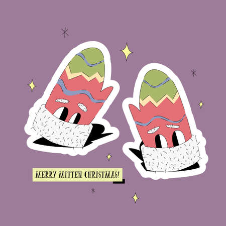 Merry Mitten Christmas greeting card with mittens comic character isolated on violet background. New Year banner template. Funny pun vector design.のイラスト素材