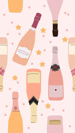 Sparkly wine bottles seamless pattern. Vector repeatable design isolated on pink background. Champagne for celebrations, anniversaries, holidays.のイラスト素材