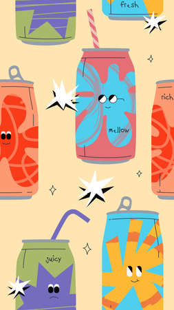 Soda cans seamless pattern. Funny abstract characters as package design. Vector repeatable illustration.のイラスト素材