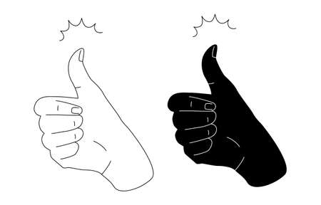 Thumb Up gesture vector illustration. Two hands, outline and black silhouette, isolated on white background. Flat and line style.のイラスト素材