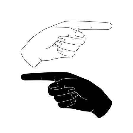 Pointing finger gesture vector illustration. Two hands, outline and black silhouette, isolated on white background. Flat and line style.のイラスト素材