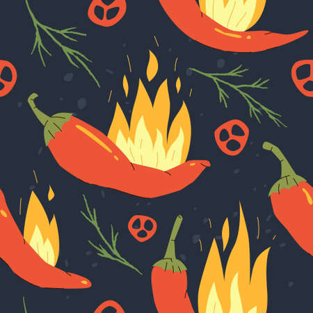Chili peppers seamless pattern isolated on dark blue background. Vector repeatable illustration. Trendy textile design.のイラスト素材