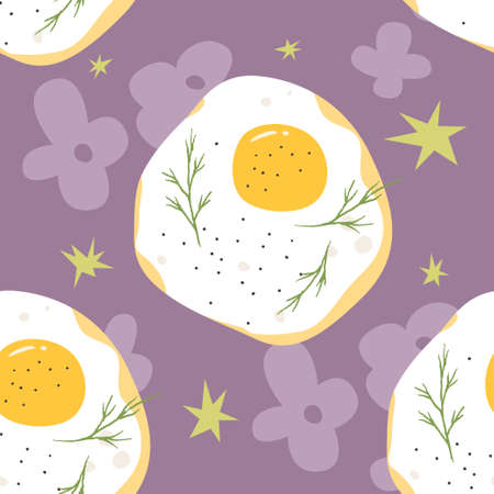 Fried egg seamless pattern isolated on violet background. Vector repeatable illustration. Trendy textile design.のイラスト素材