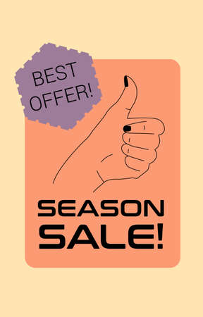 Season sale sticker trendy design template. Retro style vector with human hand in thumb up gesture isolated on blue background.のイラスト素材