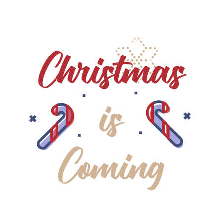 Christmas Is Coming greeting card. Lettering phrase and linear icon isolated on white background. Sugar cane and snowflake vector icon.のイラスト素材