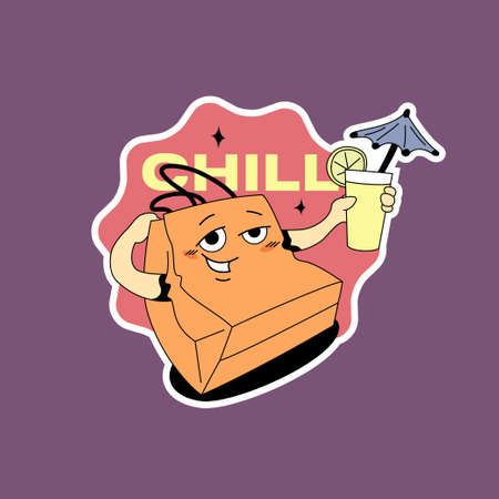Shopping bag character with cocktail. Vector sticker. Comic or cartoon funny chilling out mascot. Trendy retro style illustration.のイラスト素材