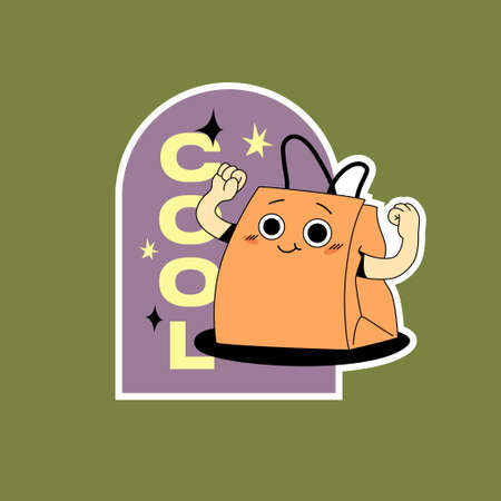 Shopping bag character sticker. Comic or cartoon funny mascot in strong hands gesture. Trendy vector illustration.のイラスト素材