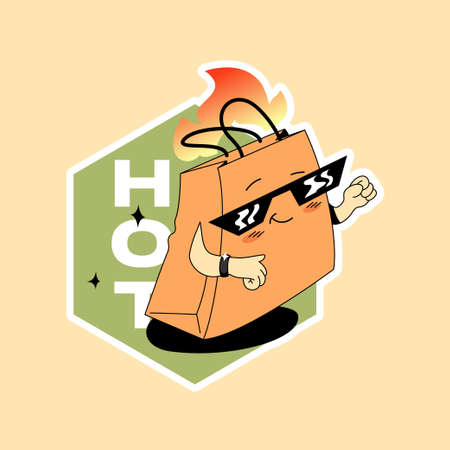 Hot Brown Paper Shopping Bag character in sunglasses and fitness watch band. Big or hot sale concept. Cartoon mascot. Vector sticker template.のイラスト素材