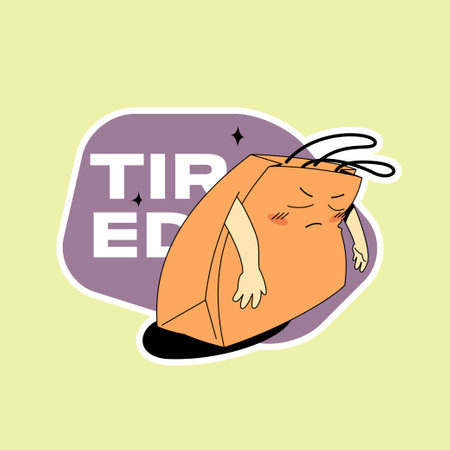 Tired paper shopping bag character. Sticker template. Vector retro mascot isolated on a green background. Cartoon or comic design for ads, promo, or marketing materials.のイラスト素材