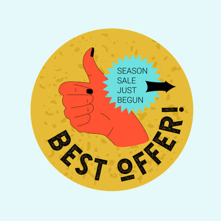 Discount or sale sticker trendy design template. Retro style vector with human hands in thumb up, isolated on white background.のイラスト素材