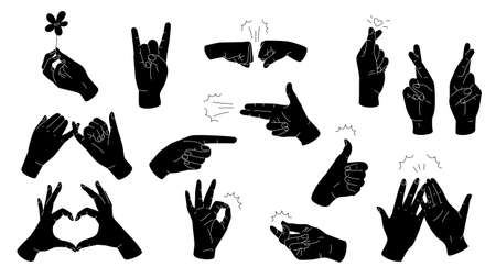 Simple hand gestures black silhouettes. Vector set isolated on white background. OK, love, pinky swears, high five, fist bump, fingers crossed, and pointing gestures.のイラスト素材