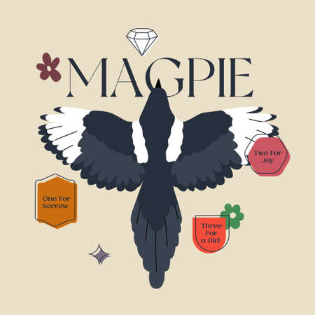 Oriental magpie vector illustration template with MAGPIE word and stickers. Contemporary flat illustrative design isolated on gray background.のイラスト素材