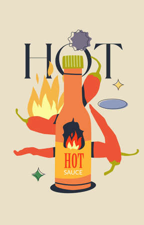 Hot Chili Pepper poster template isolated on gray background. Vector trendy design with stickers. Cartoon or comic retro style illustration.のイラスト素材