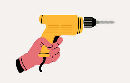 Hand in pink protective glove with power drill vector flat illustration. Repair and construction concept.のイラスト素材