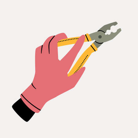 Hand in pink protective glove with pliers vector flat illustration. Repair and construction concept.のイラスト素材