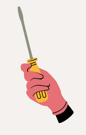 Hand in pink protective glove with screwdriver vector flat illustration. Repair and construction concept.のイラスト素材
