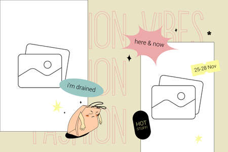 Web banner template with stickers and cool paper bag character. Vector social media design source...