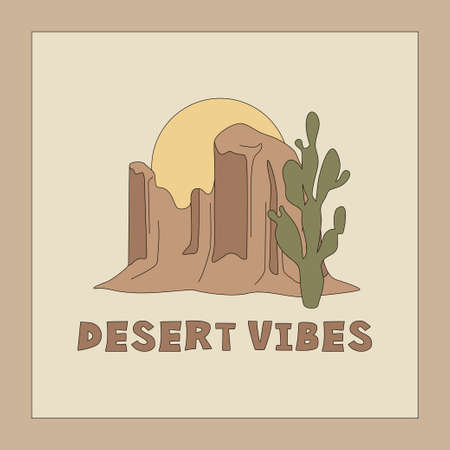 Desert vibes aesthetic banner template with desert mountain, cactus, and sun. Square stylish poster or card. Earthy color palette. Vector illustration with editable stroke.のイラスト素材