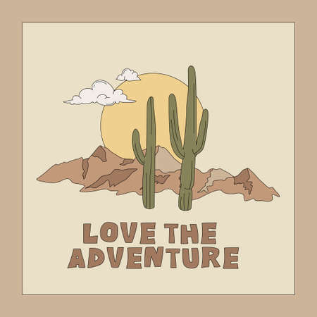 Love The Adventure aesthetic banner template with cactuses, mountain, and sun. Square stylish poster or card. Earthy color palette. Vector illustration with editable stroke.のイラスト素材