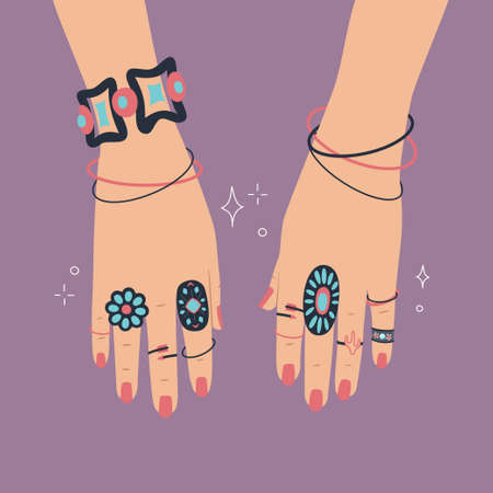 Boho jewelry on female hands. Vector fashion illustration. Retro style flat design. Turquoise and silver rings and bracelets.のイラスト素材